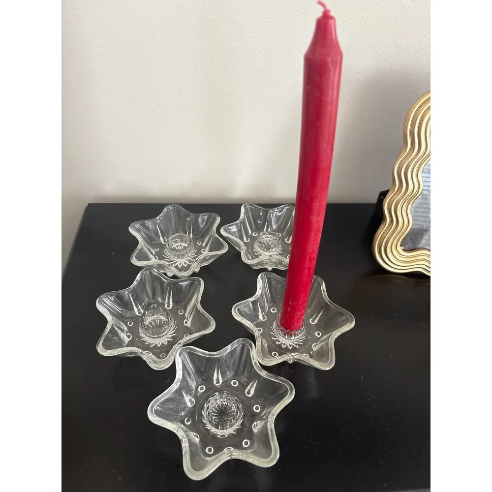 Vintage Clear Pressed Glass Star Taper Candle Holders Set of 5 Celestial Decor
